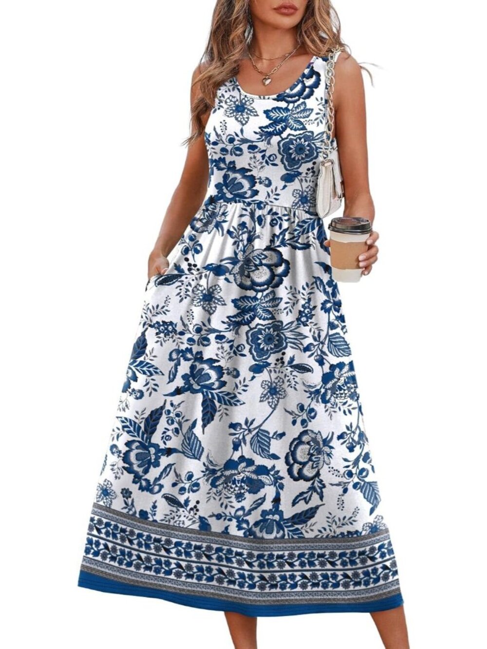 Women's Midi Dresses Blue Floral Scoop Neck Sleeveless Summer Casual Comfort